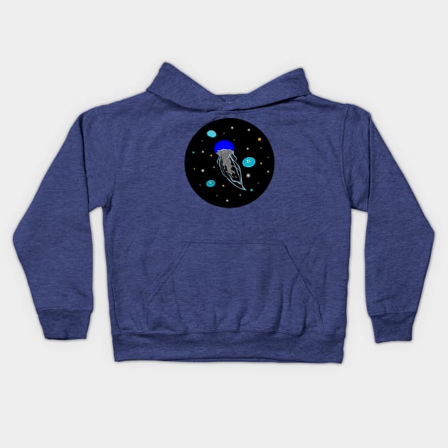 Blue Jelly Fish in dark ocean artwork, lights of jelly fish Kids Hoodie by WorldOfMine